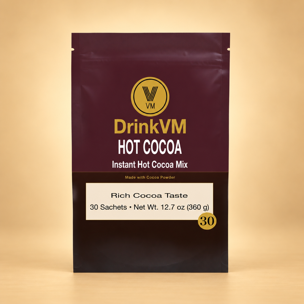DrinkVM Instant Hot Cocoa Mix 30-sachet pouch on a warm beige background