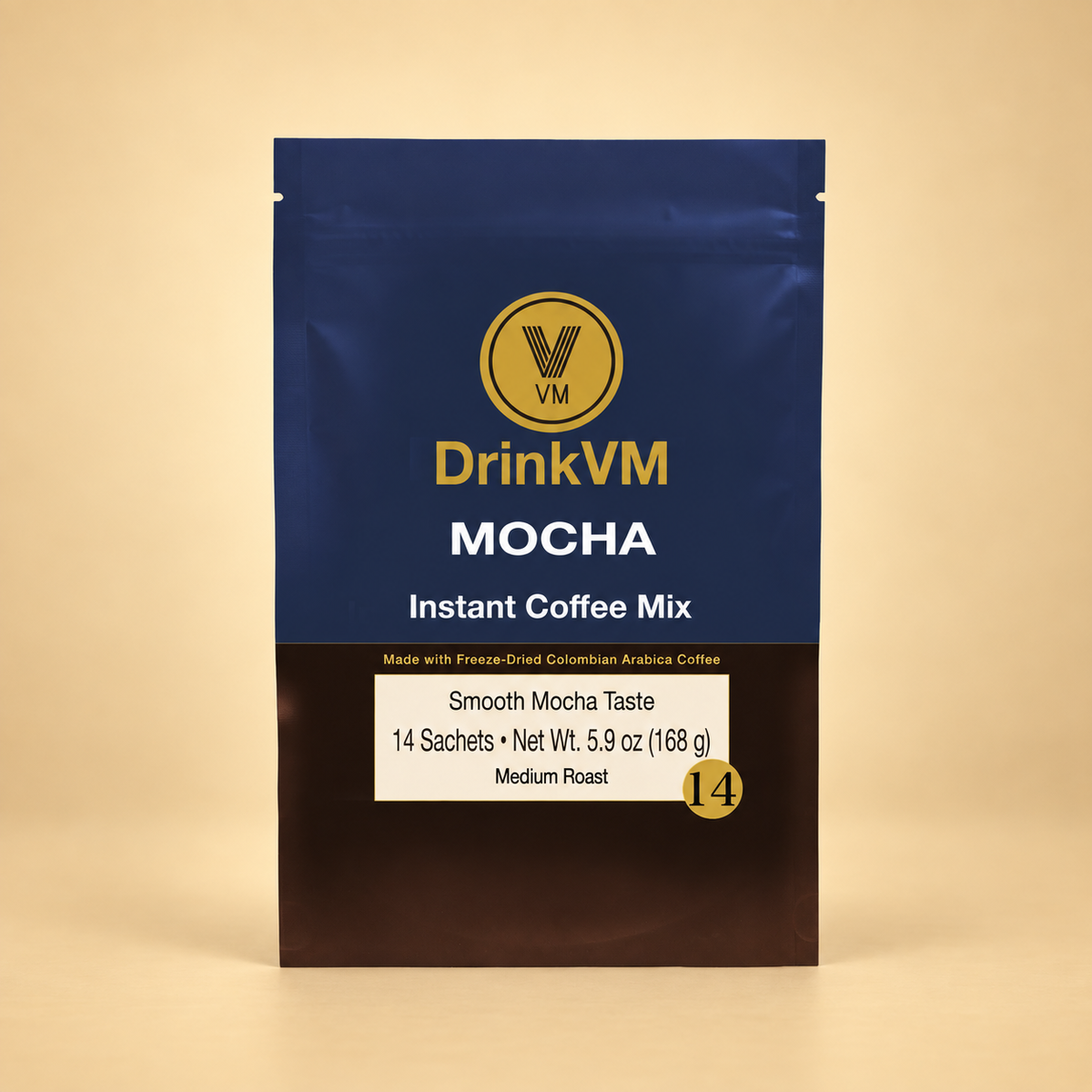 DrinkVM Mocha Instant Coffee Mix 14-sachet box on a warm beige background