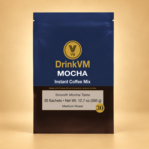 DrinkVM Mocha Instant Coffee Mix 30-sachet pouch on a warm beige background