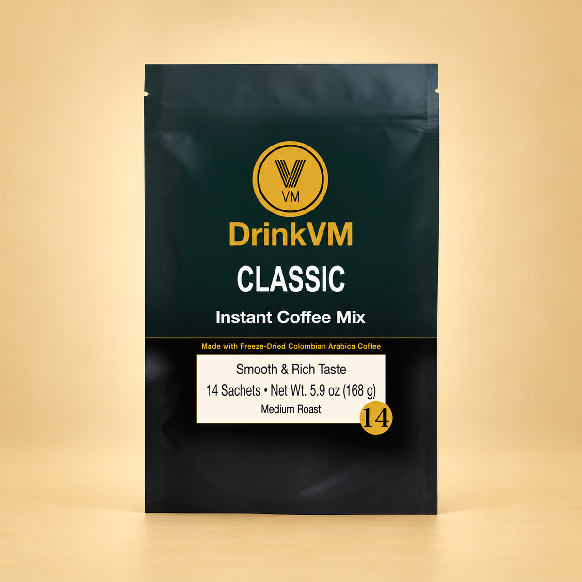 DrinkVM Classic Instant Coffee Mix 14-sachet box on a warm beige background