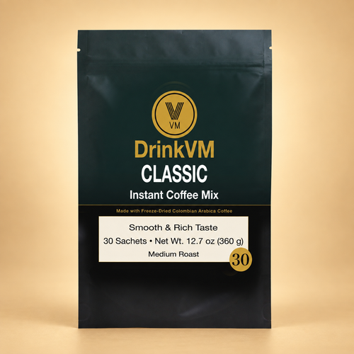 DrinkVM Classic Instant Coffee Mix 30-sachet pouch on a warm beige background